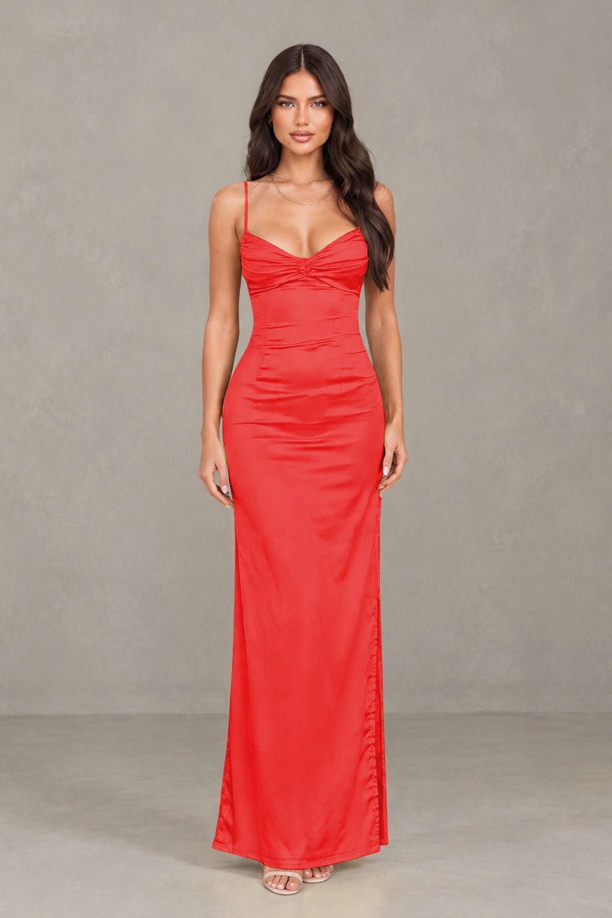 BOLODOO Red Satin Cowl Neck Open Back Mermaid Maxi Dress with Side Slit - Red