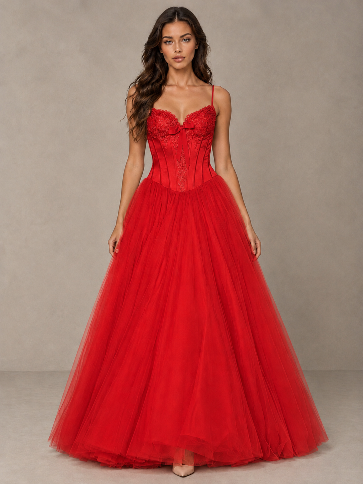 BOLODOO Red Corset Tulle Prom Dress with Spaghetti Straps - Red - Red_1