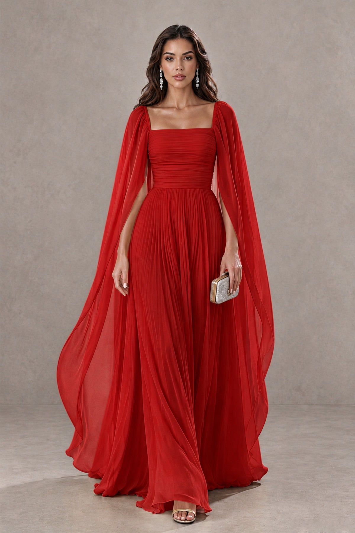 BOLODOO Red Square Neck Cape Sleeve A-Line Evening Dress - Red - Red_1