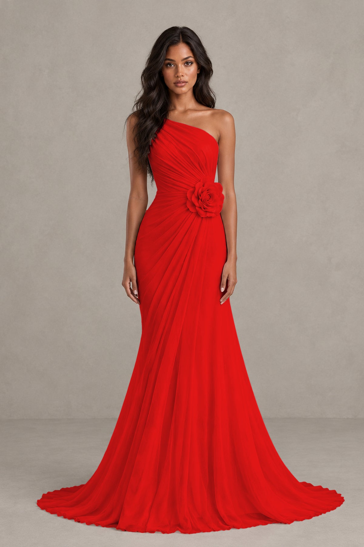 BOLODOO Red One-Shoulder Floral Ruched Maxi Dress - Red