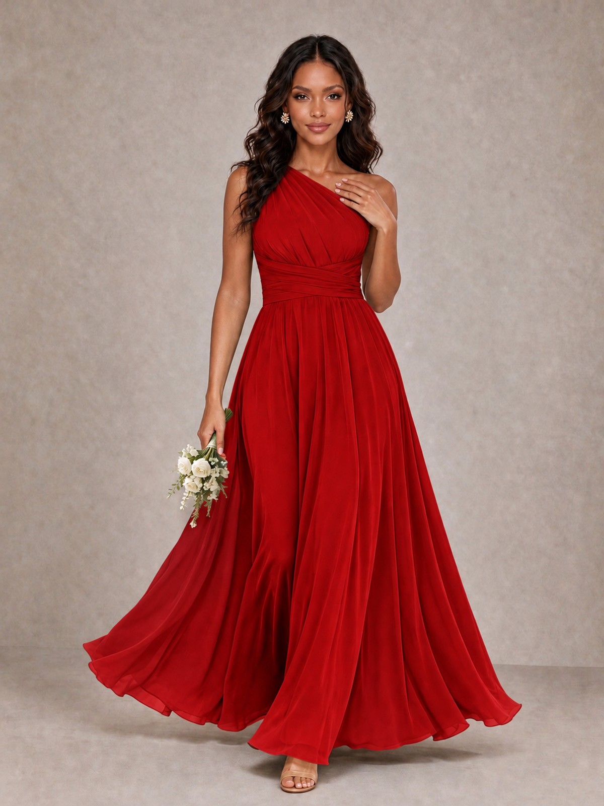 BOLODOO Red One-Shoulder A-Line Bridesmaid Dress - Red - Red_1