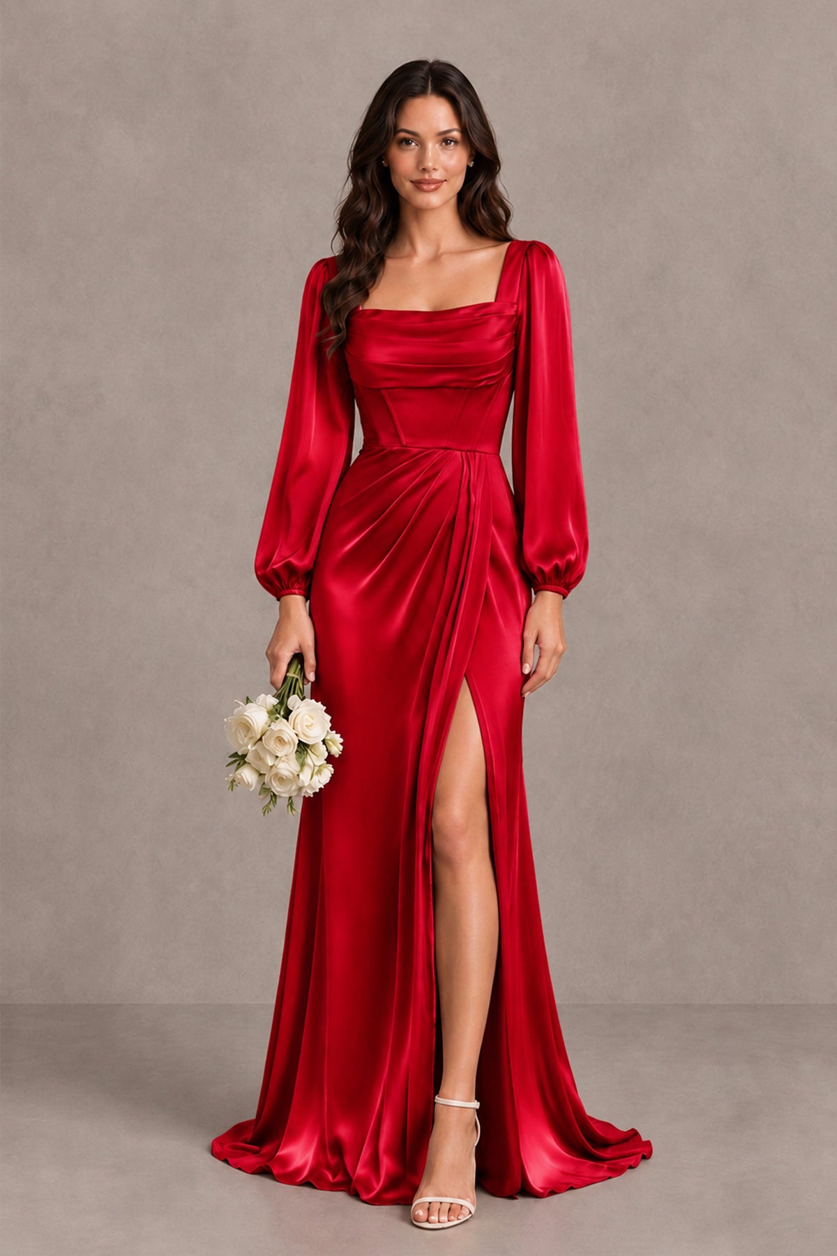BOLODOO Red Satin-Look Long Sleeve Evening Dress with High Slit - Red - Red_1