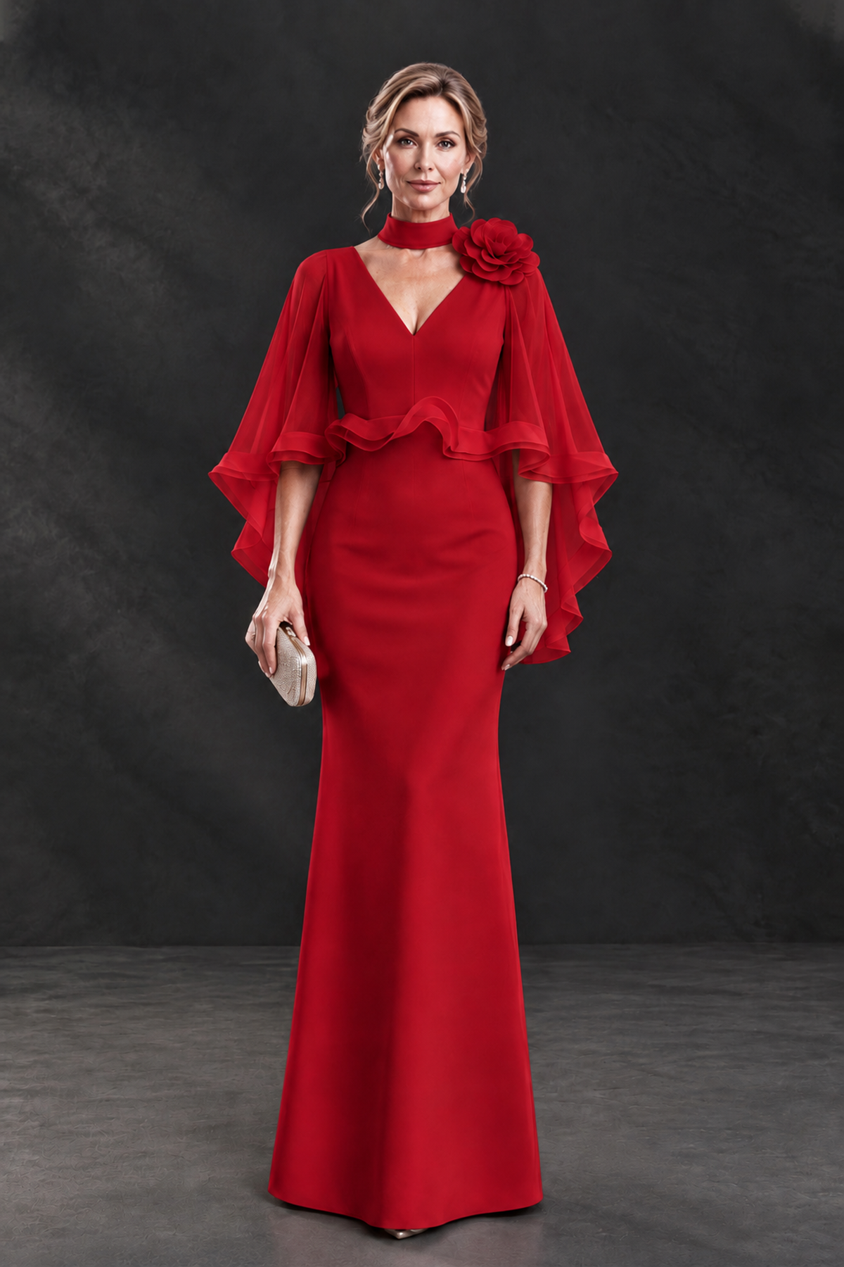 BOLODOO Red Floral Cape Sleeve Mother of the Bride Dress - Red - Red_1