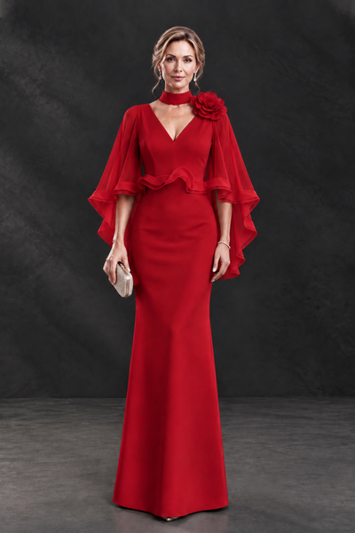 BOLODOO Red Floral Cape Sleeve Mother of the Bride Dress - Red - Red_1