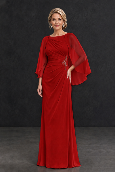 BOLODOO Red Cape Sleeve Mother of the Bride Dress with Ruched Waist - Red - Red_1