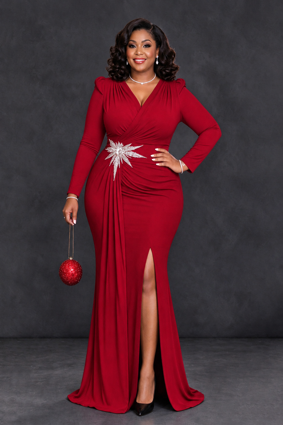BOLODOO Red Plus Size Long Sleeve V-Neck Mother of the Bride Dress with Slit - Red - Red_1