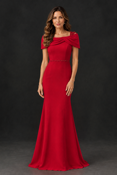 BOLODOO Red Mother of the Bride Dress with Draped Cape Detail - Red - Red_1