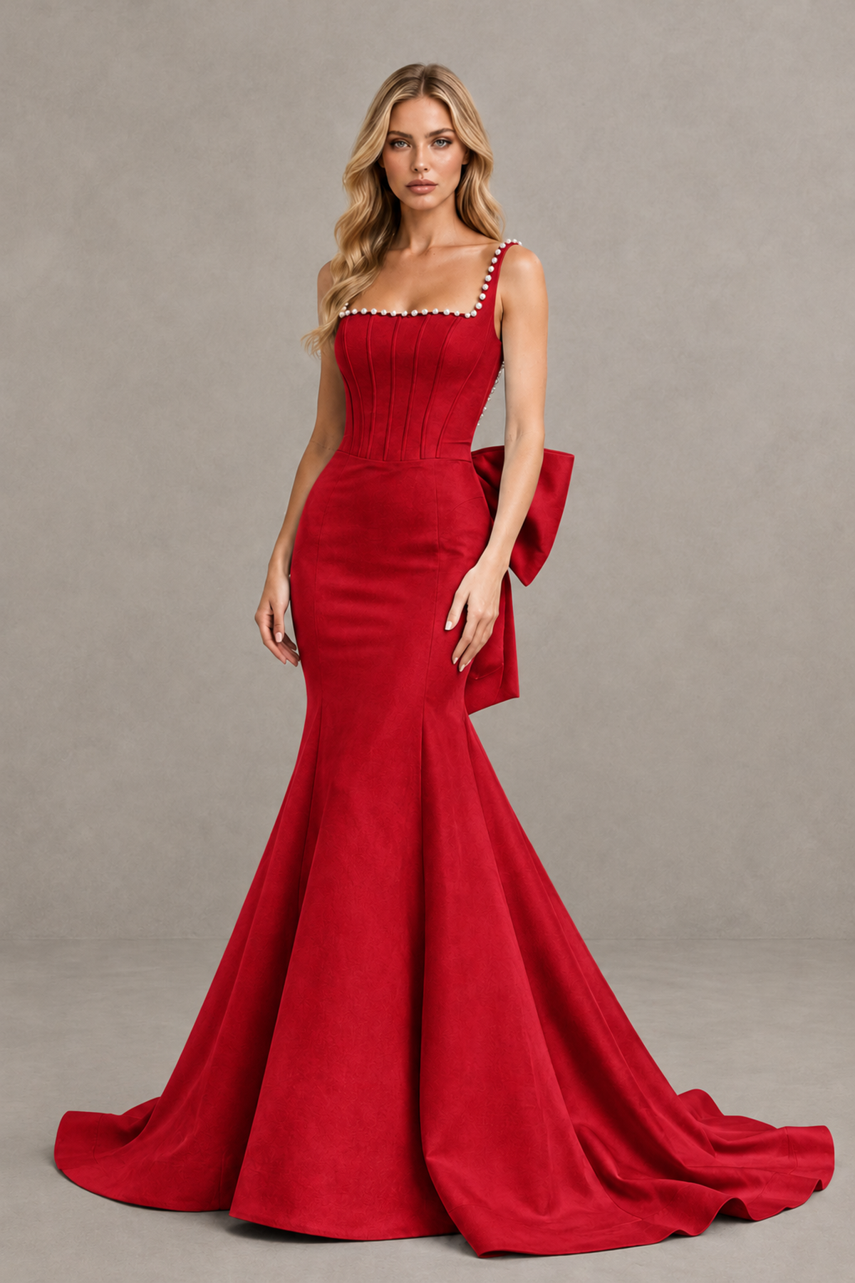 BOLODOO Red Pearl-Trim Mermaid Prom Dress with Back Bow - Red - Red_1