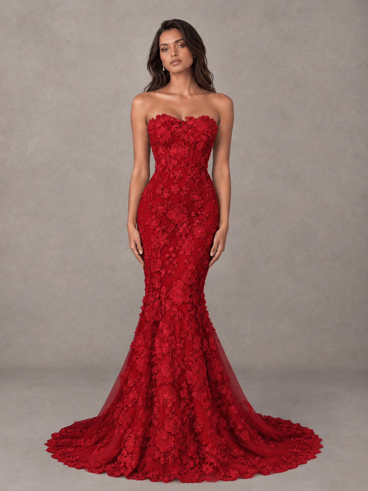 BOLODOO Red Strapless 3D Floral Lace Mermaid Prom Dress with Train - Red - Red_1