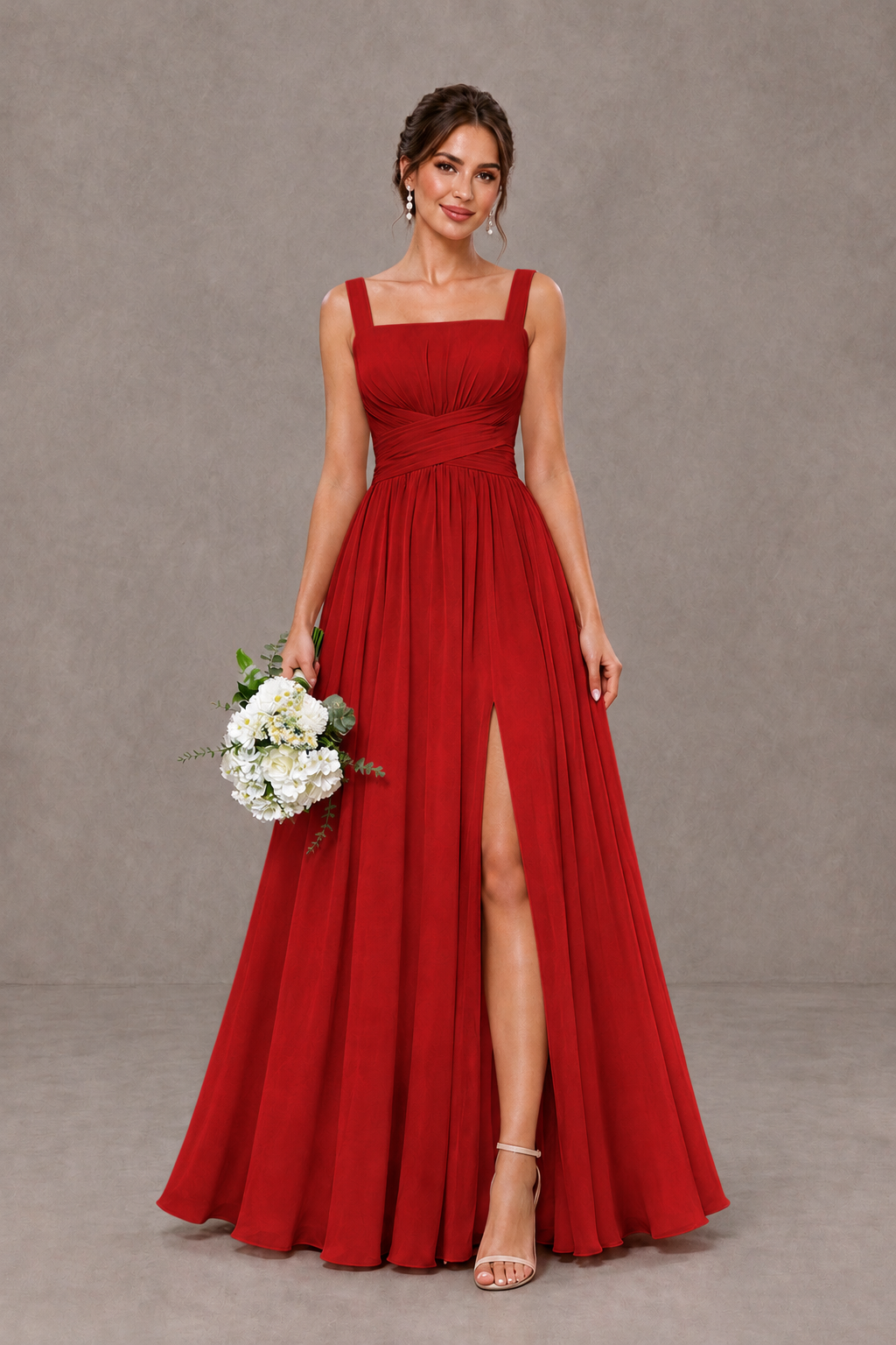 BOLODOO Red Square Neck A-Line Bridesmaid Dress with Slit - Red - Red_1