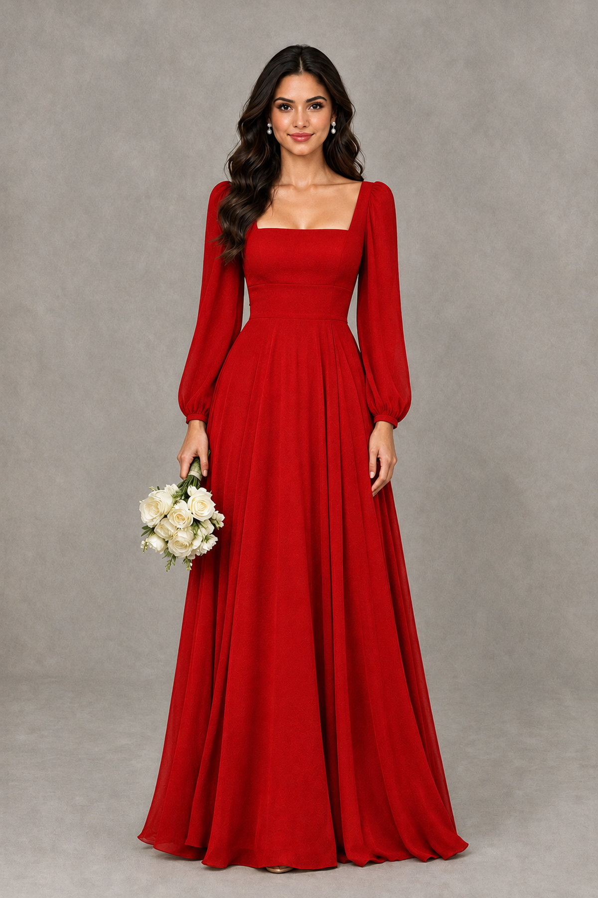 BOLODOO Red Square Neck Long Sleeve A-Line Bridesmaid Dress - Red - Red_1