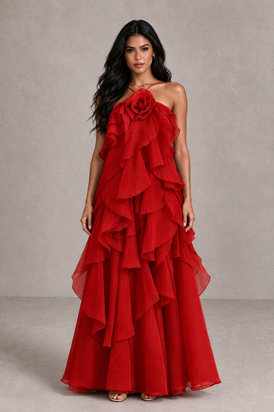 BOLODOO Red Cascading Ruffle Rosette Open-Back Maxi Dress - Red - Red_1