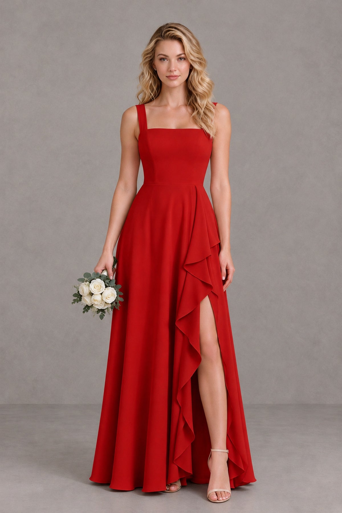 BOLODOO Red Square Neck Ruffle A-Line Bridesmaid Dress with Slit - Red - Red_1