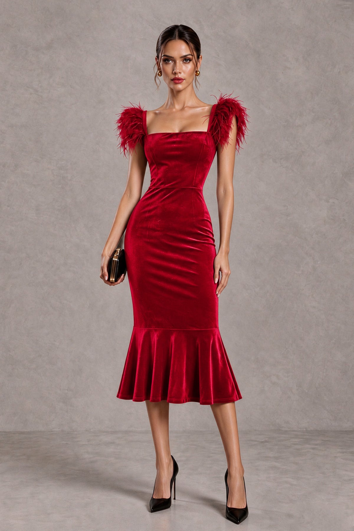 BOLODOO Red Feather-Trim Velvet-Look Mermaid Midi Dress - Red - Red_1