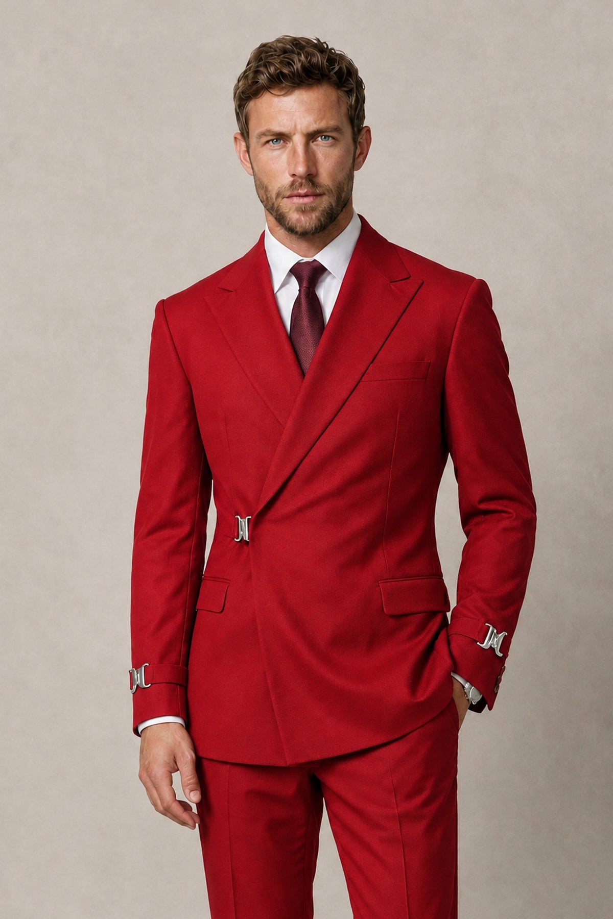 BOLODOO Men's Red Double-Breasted 2-Piece Suit Set – Blazer & Tailored Trousers - Red