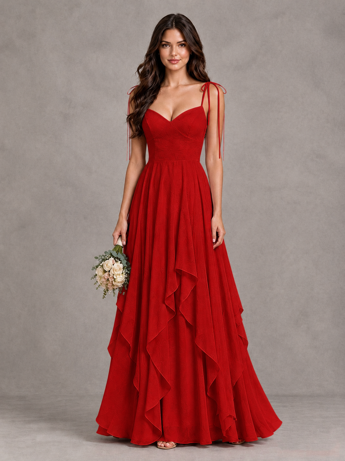 BOLODOO Red Tie-Strap Ruffle A-Line Bridesmaid Dress - Red - Red_1