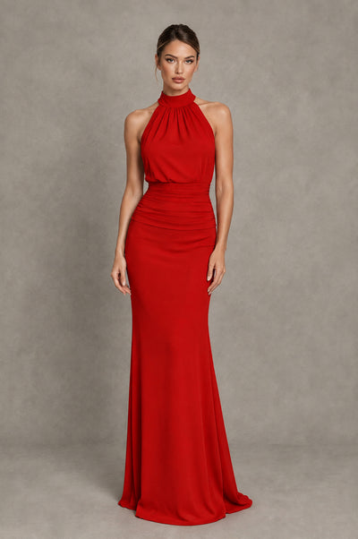 BOLODOO Red Chiffon Halter Maxi Formal Wedding Guest Dress - Red - Red_1