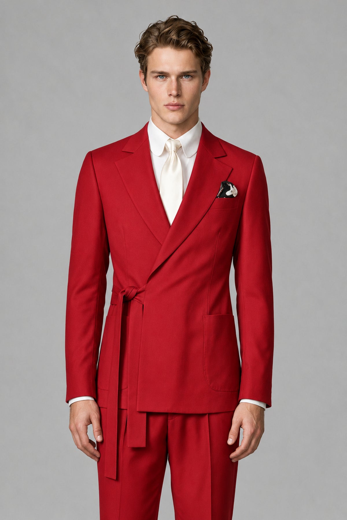 Bolodoo Men's Red Wrap Tie-Waist Two-Piece Suit – Jacket & Trousers - Red - Red_1