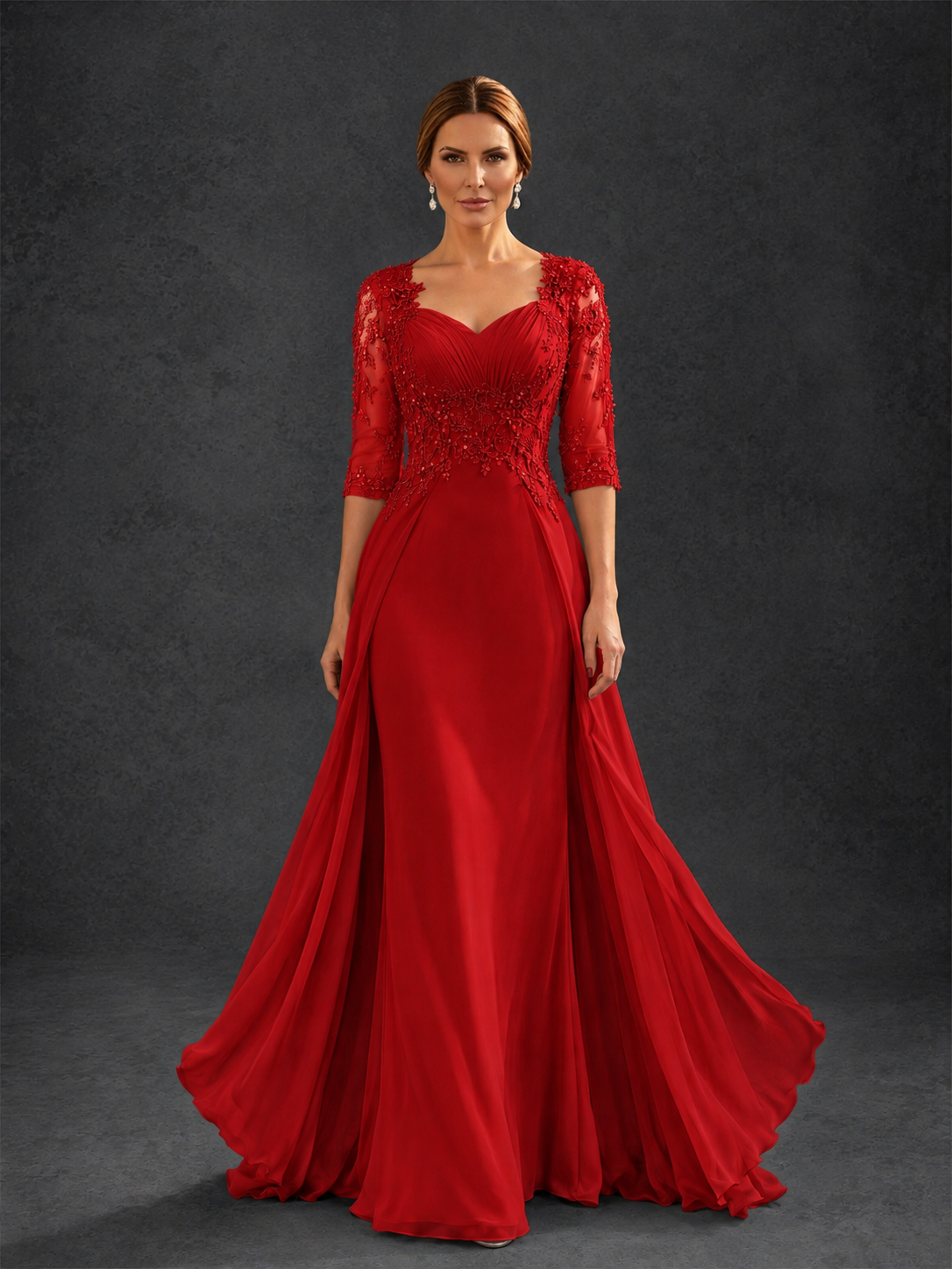 BOLODOO Red Sweetheart Neck 3/4 Sleeve Floral Lace Illusion Bodice Chiffon A-Line Gown - Red