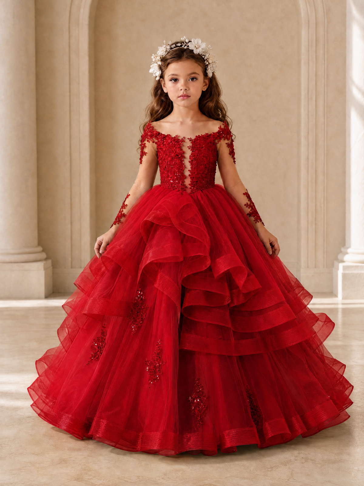 BOLODOO Red Lace Long Sleeve Tiered Flower Girl Dress - Red - Red_1