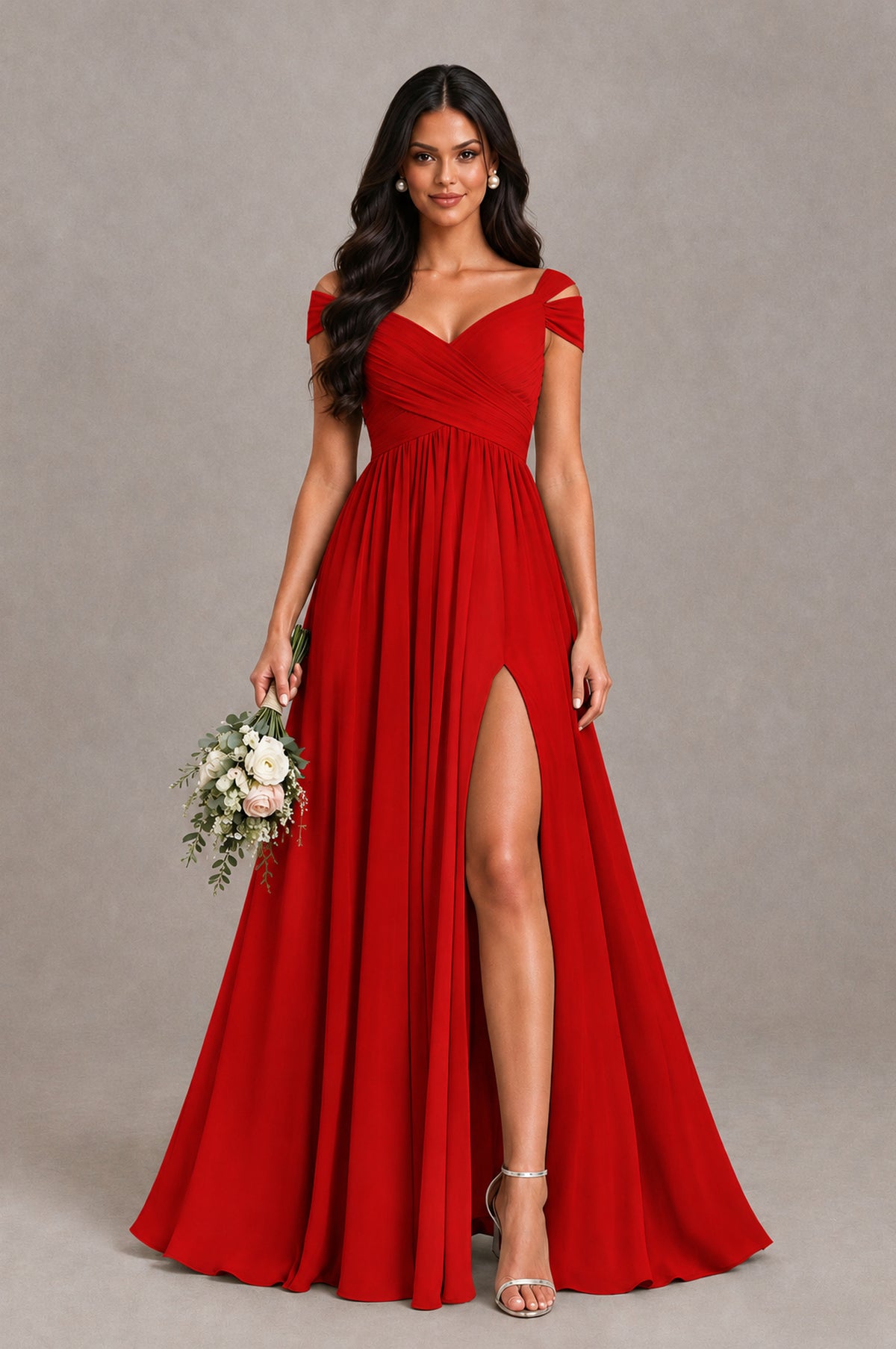 BOLODOO Red Cold Shoulder Chiffon Evening Dress with V Neck and High Slit - Red - Red_1