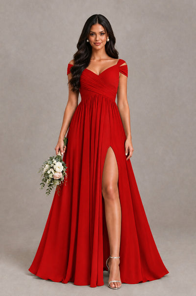 BOLODOO Red Cold Shoulder Chiffon Evening Dress with V Neck and High Slit - Red - Red_1