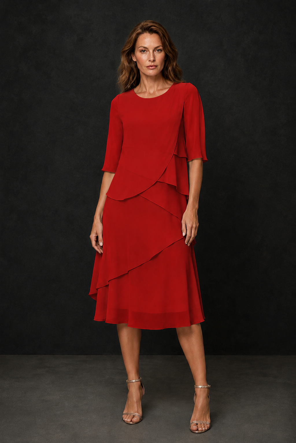 BOLODOO Red Chiffon 3/4 Sleeve Asymmetric Tiered Tea Length Dress | Mother of the Bride Midi Dress - Red