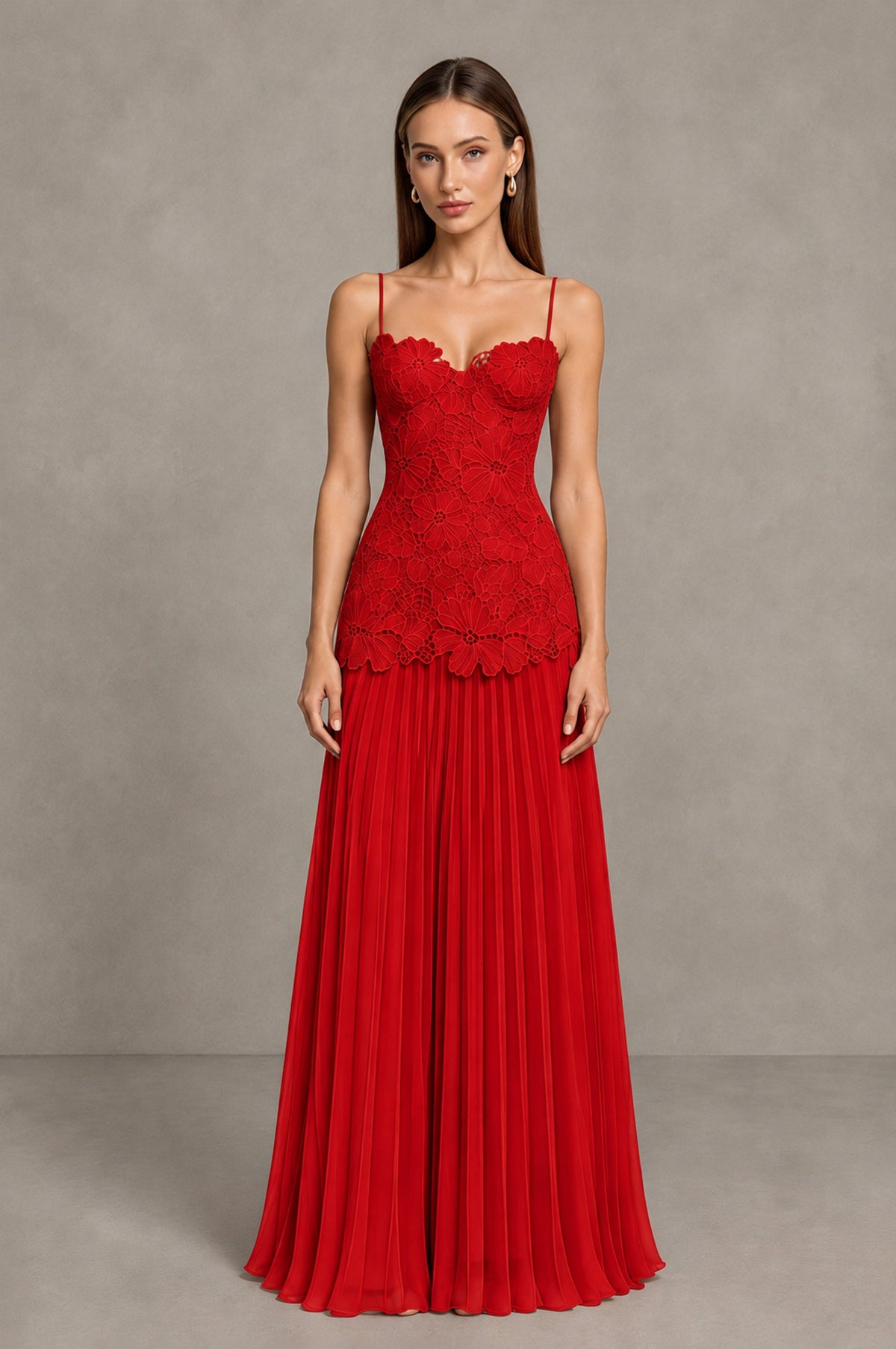 BOLODOO Red Lace Bodice Pleated Wedding Guest Dress - Red - Red_1