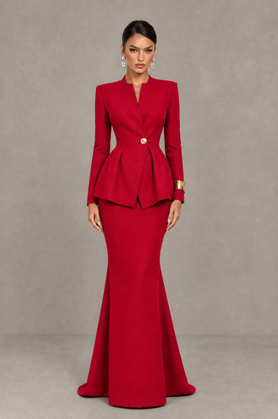 BOLODOO Red Long Sleeve Peplum Mermaid Formal Dress - Red - Red_1