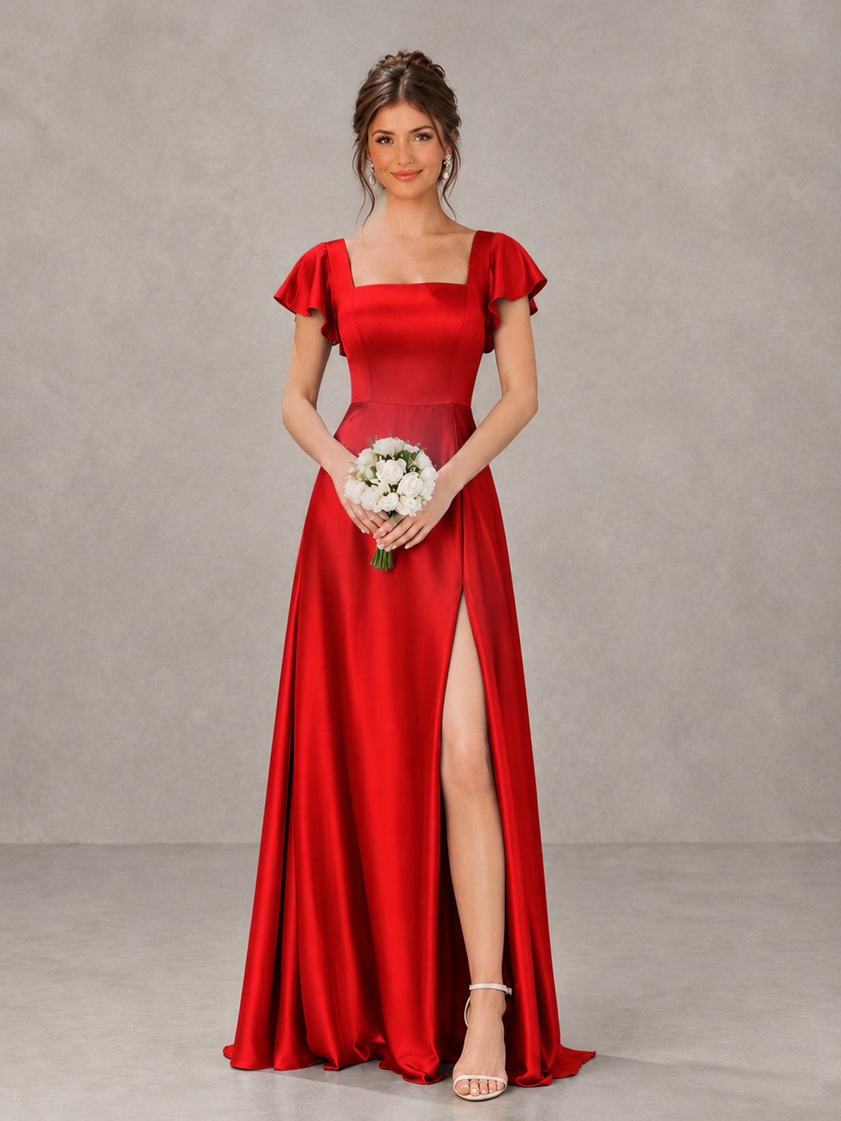 BOLODOO Red Satin Square Neck Flutter Sleeve A-Line Bridesmaid Dress with Slit - Red - Red_1