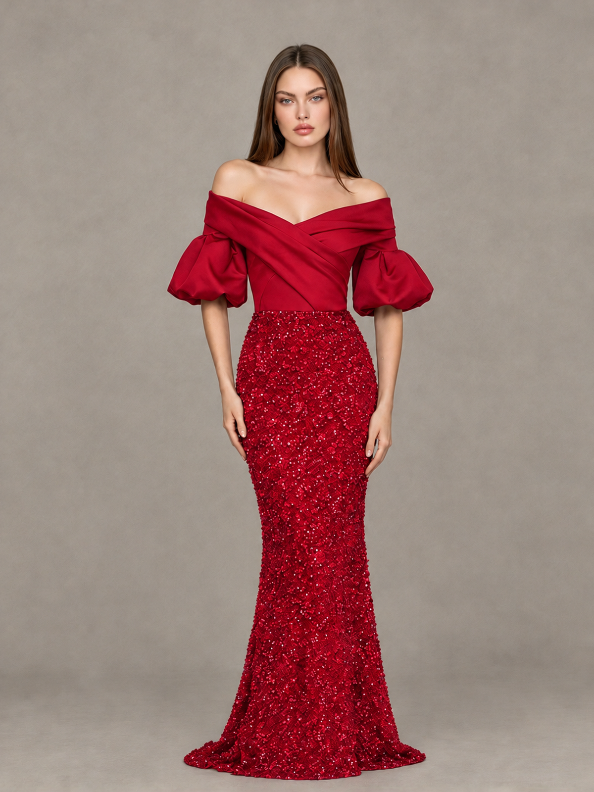 BOLODOO Red Off-Shoulder Puff Sleeve Sequin Mermaid Evening Dress - Red - Red_1