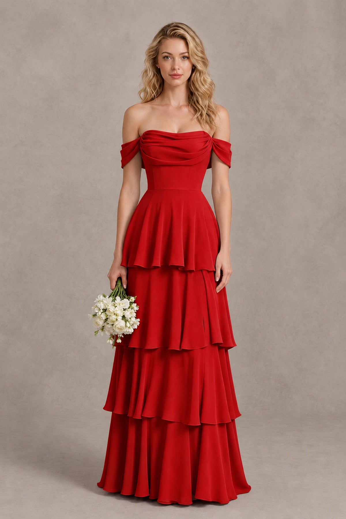 BOLODOO Red Off-the-Shoulder Tiered A-Line Evening Bridesmaid Dress - Red - Red_1