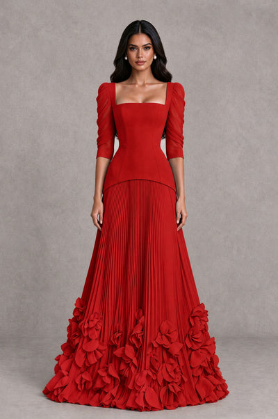 BOLODOO Red Square Neck Pleated Floral Applique Evening Dress - Red - Red_1