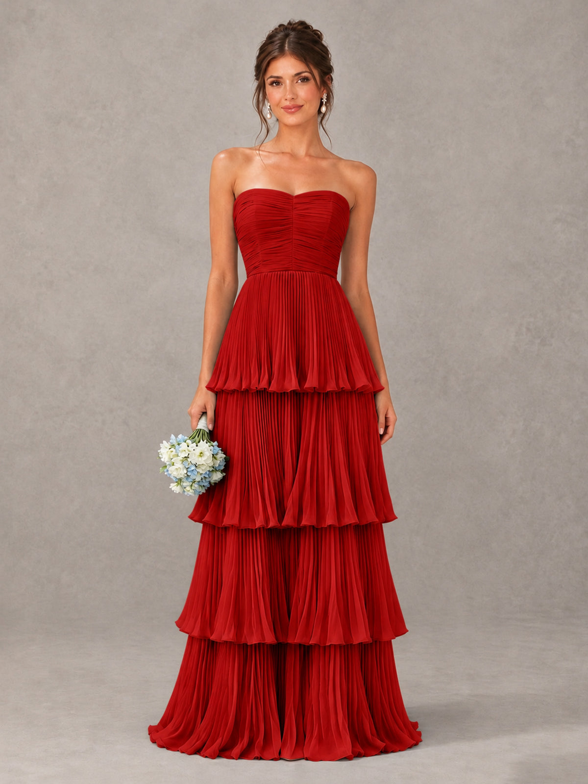 BOLODOO Red Strapless Tiered Pleated Bridesmaid Dress - Red - Red_1