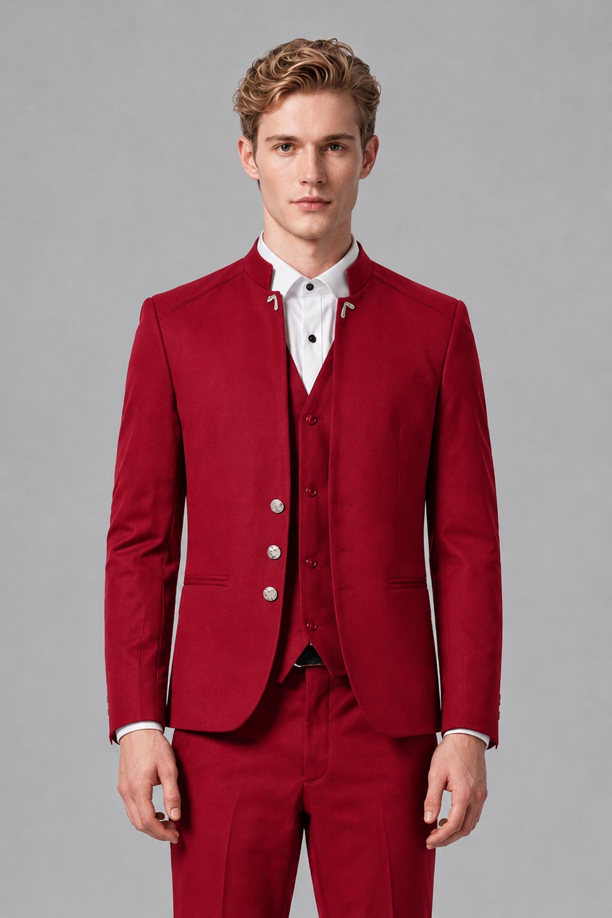 Bolodoo Men's Red Mandarin Collar 3-Piece Suit – Jacket, Vest & Trousers - Red - Red_1