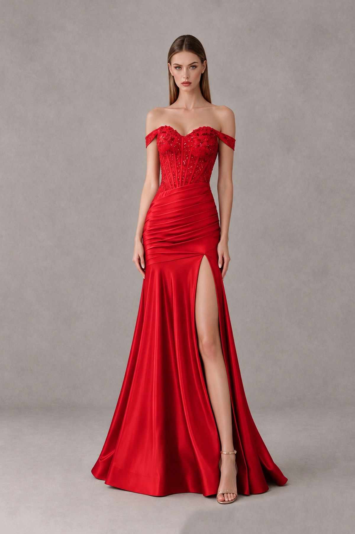 BOLODOO Red Off-Shoulder Corset Mermaid Prom Dress with Slit Sequin Lace Evening Gown - Red - Red_1