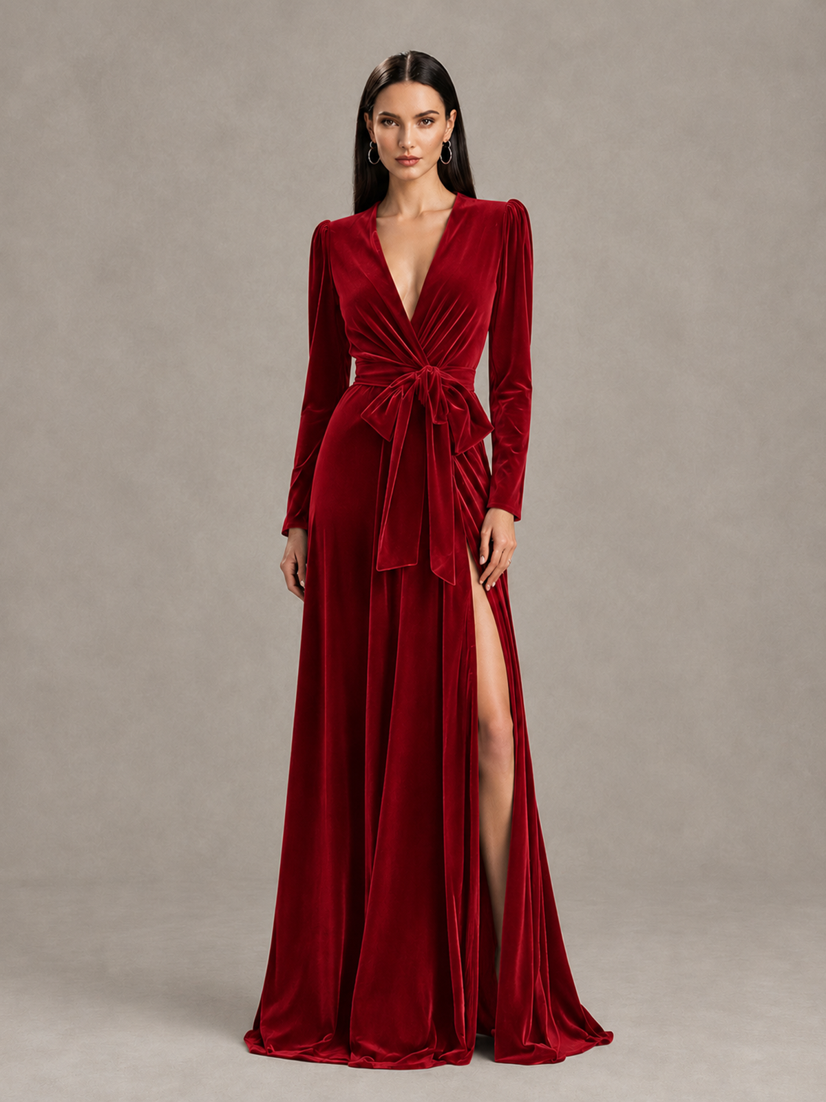 BOLODOO Red Long Sleeve Velvet-Look Evening Dress with High Slit - Red - Red_1