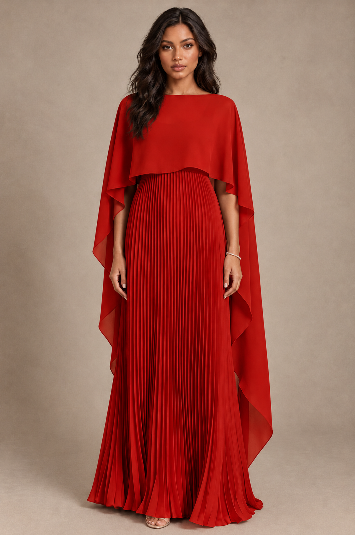 BOLODOO Red Pleated Cape A-Line Evening Dress - Red - Red_1
