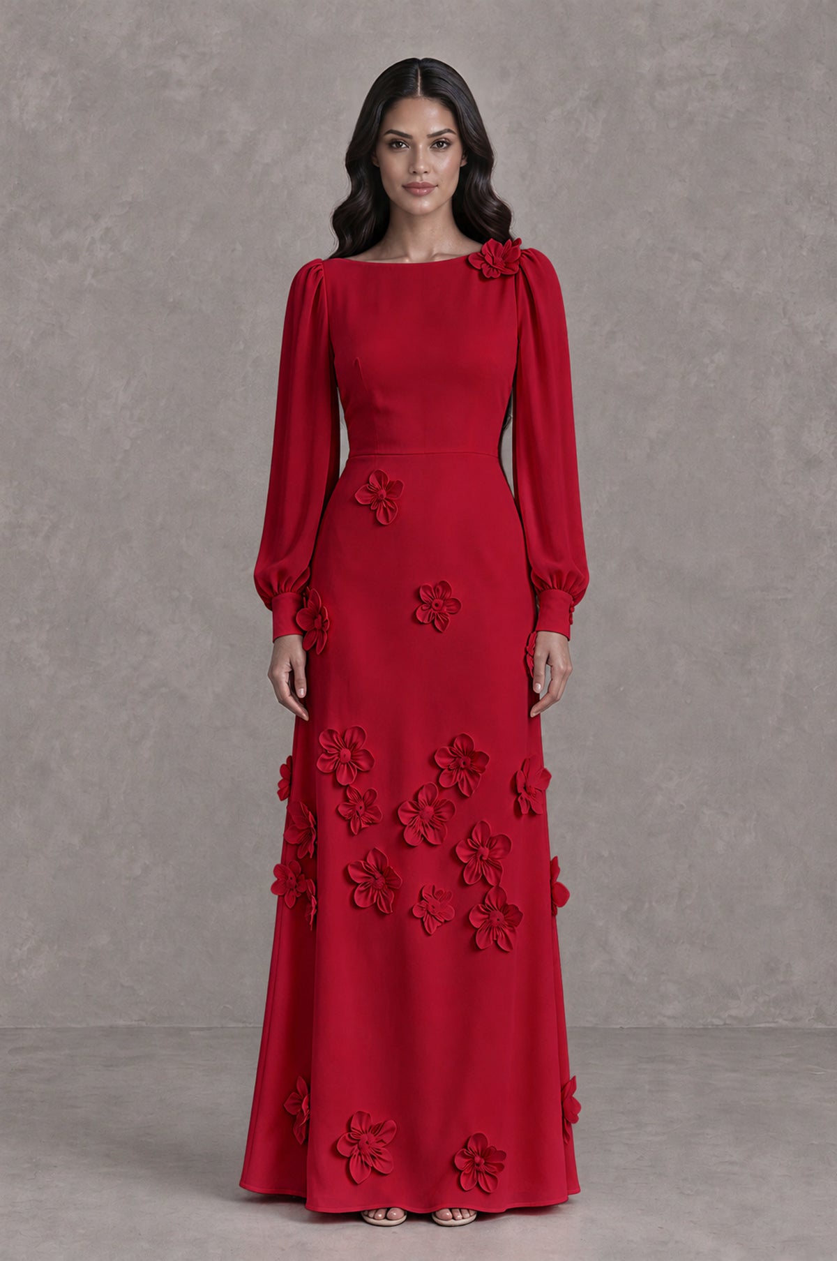 BOLODOO Red Long Sleeve Floral Applique A-Line Evening Dress - Red - Red_1