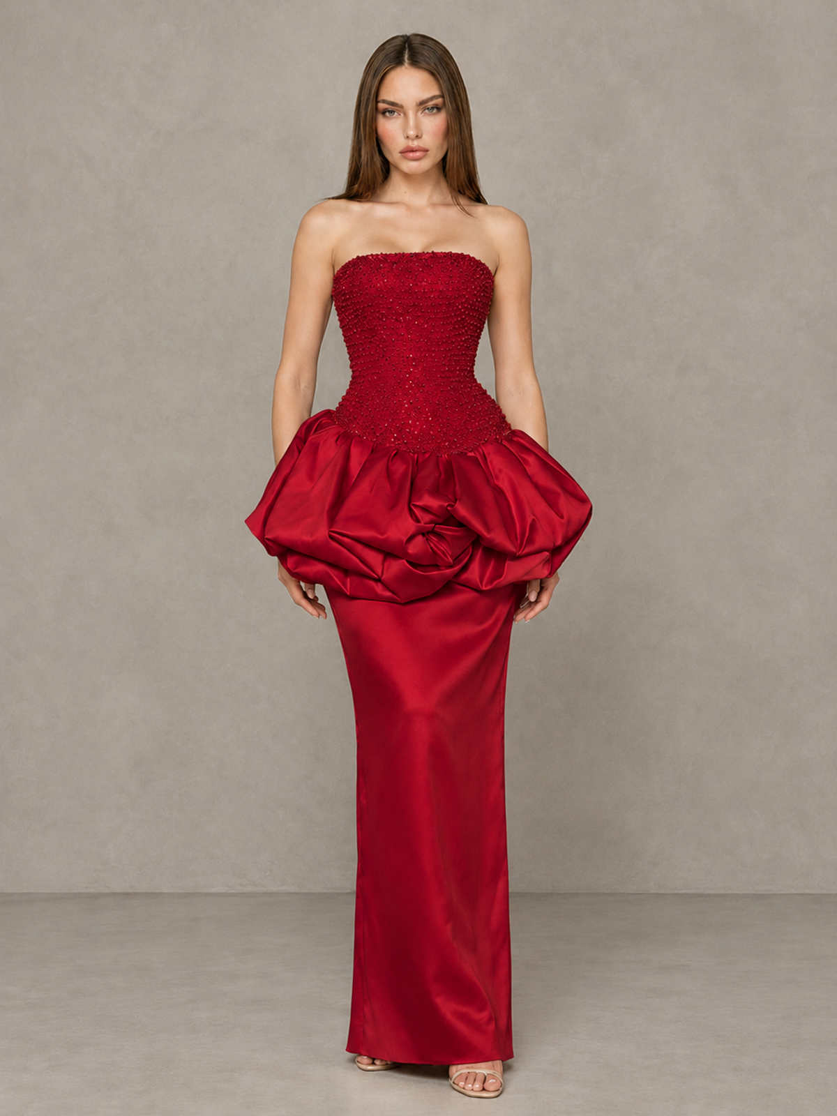 BOLODOO Red Strapless Embellished Bubble Peplum Evening Dress - Red - Red_1