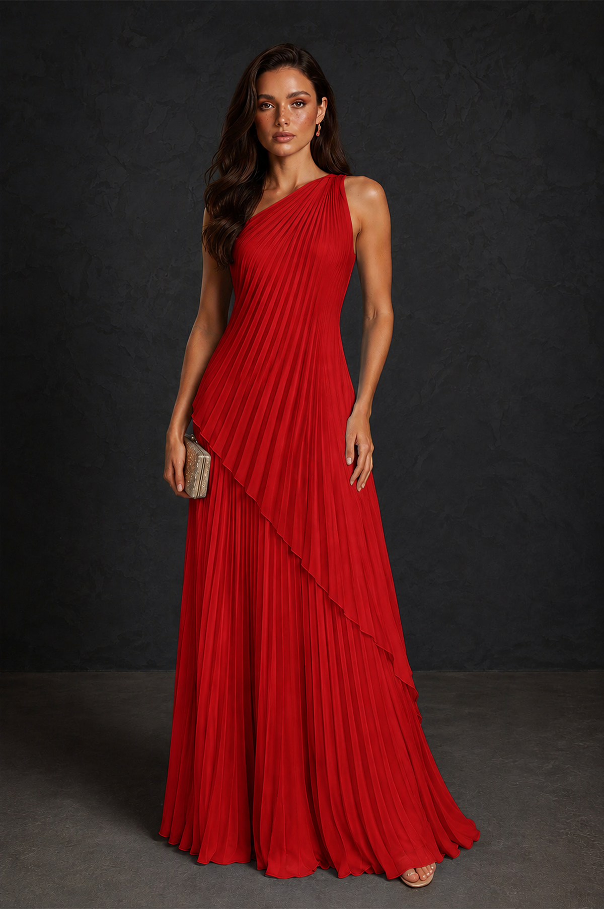 BOLODOO Red One-Shoulder Sunburst Pleated Asymmetric Layered Overlay Accordion Pleated Chiffon Maxi Dress - Red