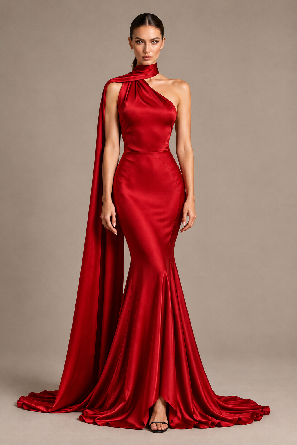 BOLODOO Red One-Shoulder Satin Mermaid Evening Dress with Scarf - Red - Red_1