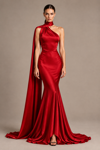 BOLODOO Red One-Shoulder Satin Mermaid Evening Dress with Scarf - Red - Red_1