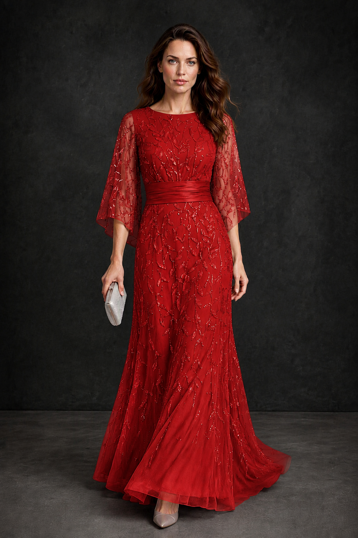 BOLODOO Red Bateau Neck Bell Sleeve Sequin Embroidered Satin Waist A-Line Maxi Dress - Red - Red_1