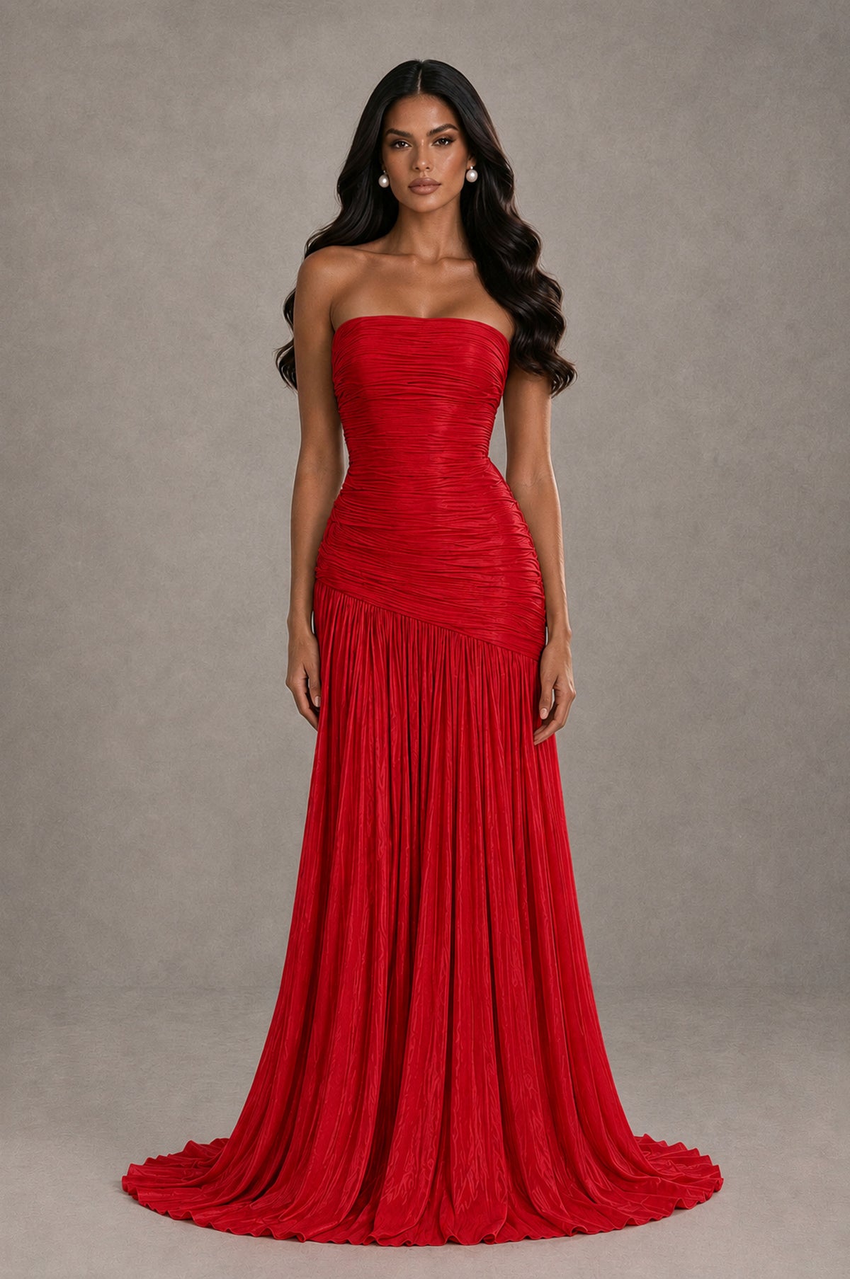 BOLODOO Red Metallic Ruched Strapless Pleated A-Line Backless Maxi Dress with Train - Red - Red_1