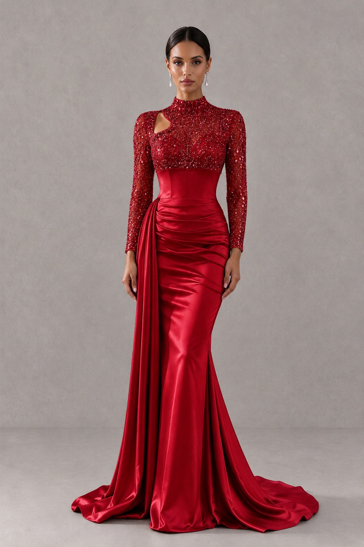 BOLODOO Red Long Sleeve Embellished Satin Mermaid Evening Gown - Red - Red_1