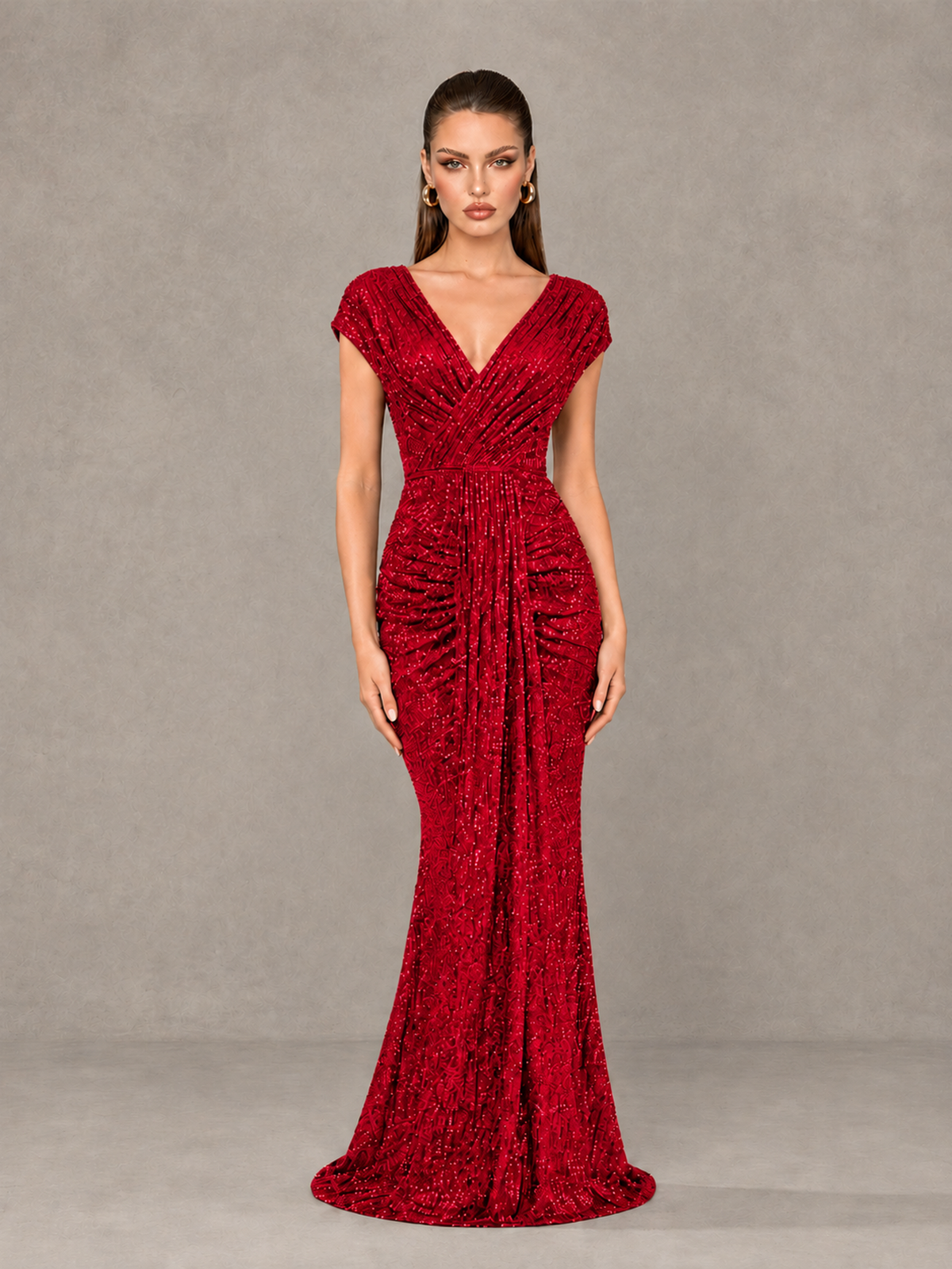 BOLODOO Red Glitter V-Neck Cap Sleeve Ruched Mermaid Evening Gown - Red - Red_1