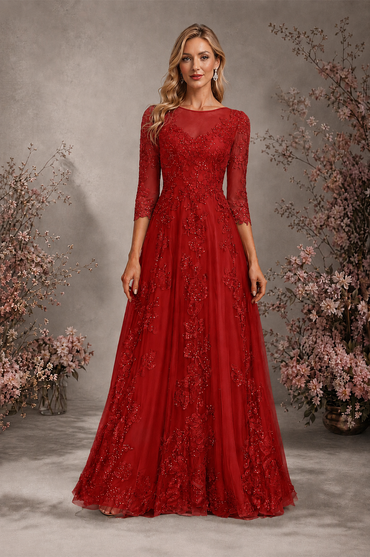 BOLODOO Red Sequin Lace 3/4 Sleeve Open Back Formal Evening Gown - Red