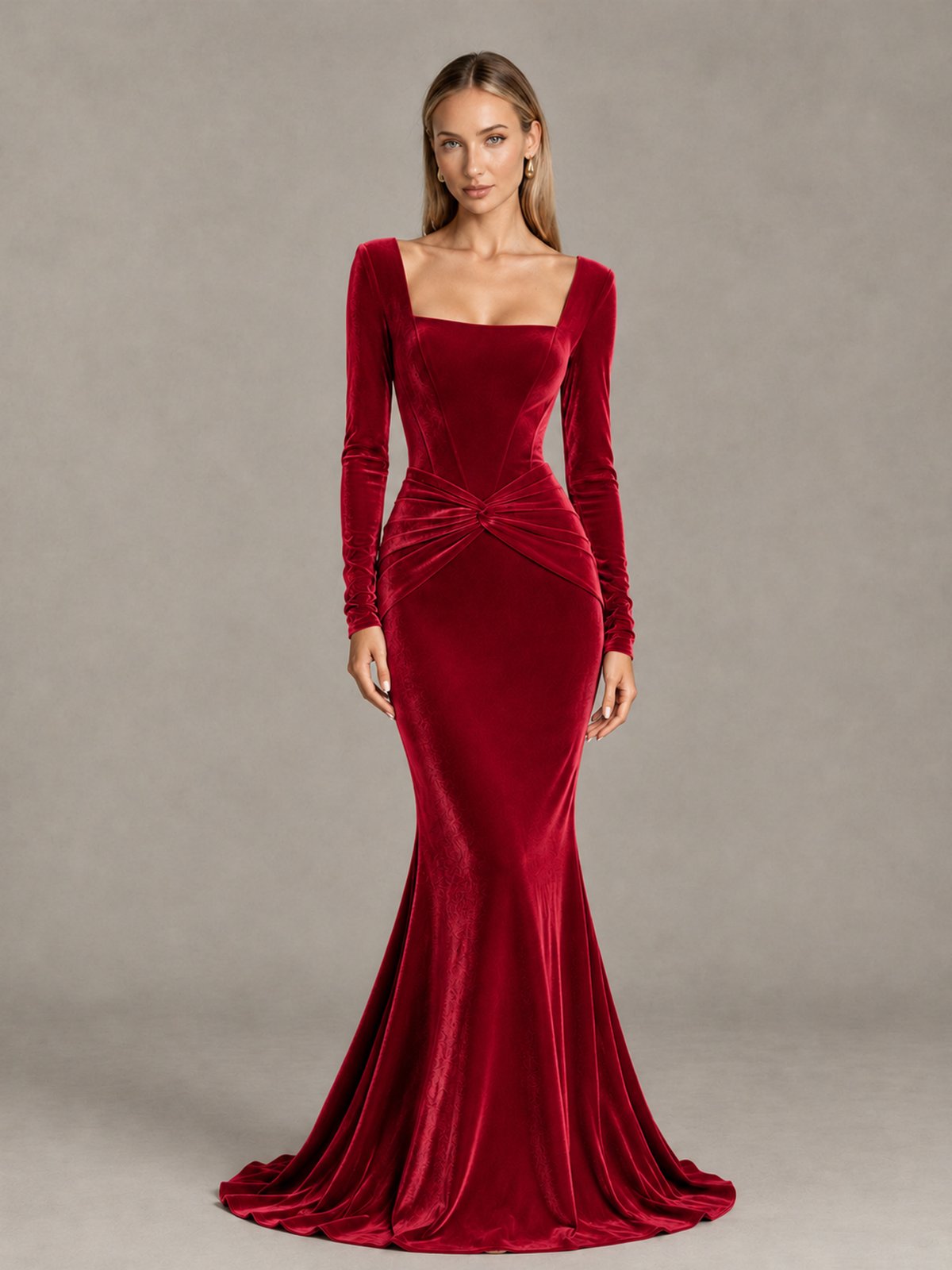 BOLODOO Red Velvet-Look Square Neck Long Sleeve Mermaid Evening Dress - Red - Red_1