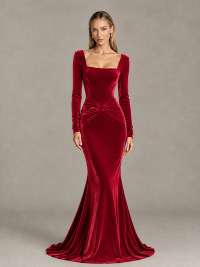 BOLODOO Red Velvet-Look Square Neck Long Sleeve Mermaid Evening Dress - Red - Red_1